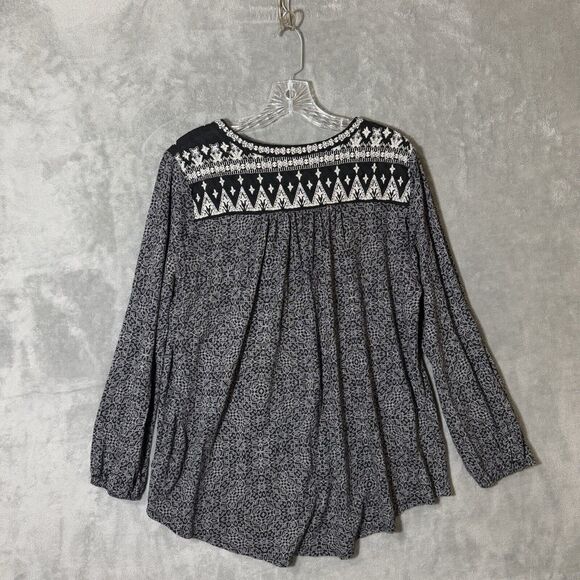 Lucky Brand Top 1X Boho V Neck Long Sleeves Black White Embroidered Whimsical - Picture 5 of 9
